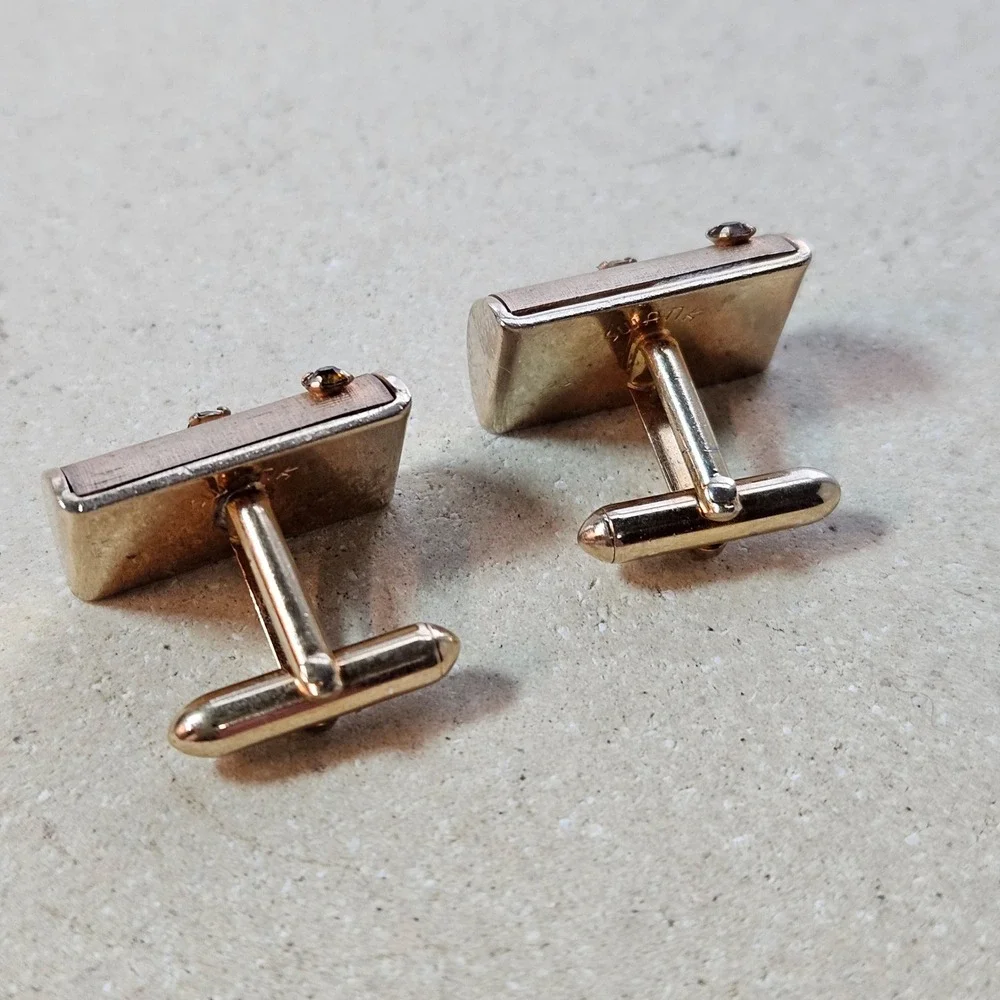 Swank‎ Vtg Gold Tone Textured Rhinestone Cufflinks Smoky Brown Mid Century MCM
